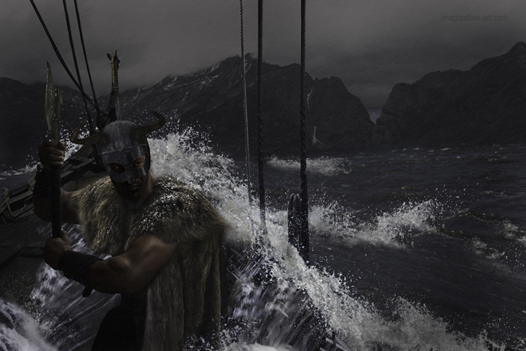 Viking sailing through the storm